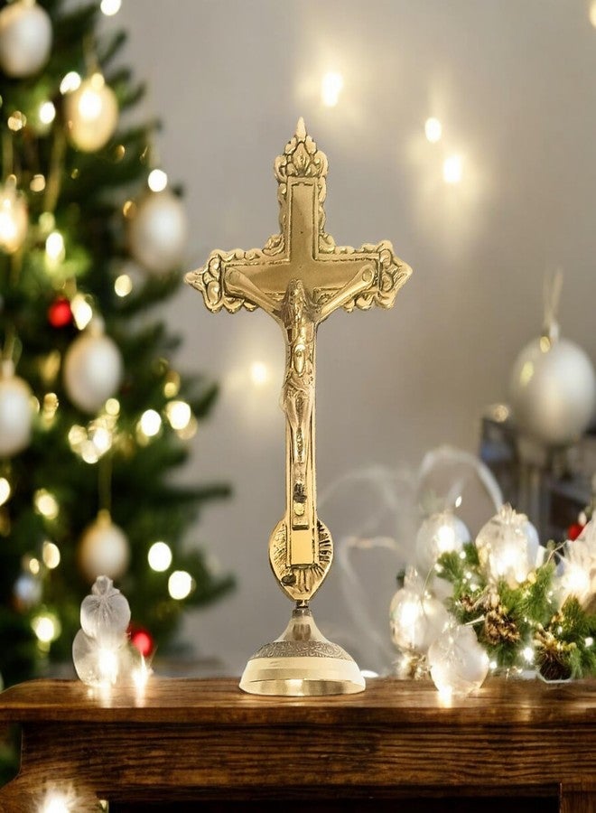 ATRANGEE Bystreet artisans Pure Brass Christian Cross Jesus Christ Tabletop Statue | Idol on Cross in Antique Finish for Prayer | Worship Home Office Decoration Golden (5 inch) - Image 2